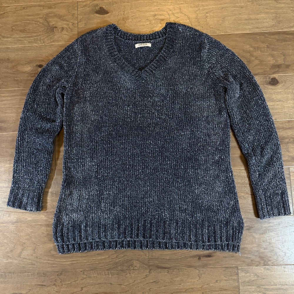 Orvis Chenille V Neck Long Sleeve Sweater Navy Blue XL